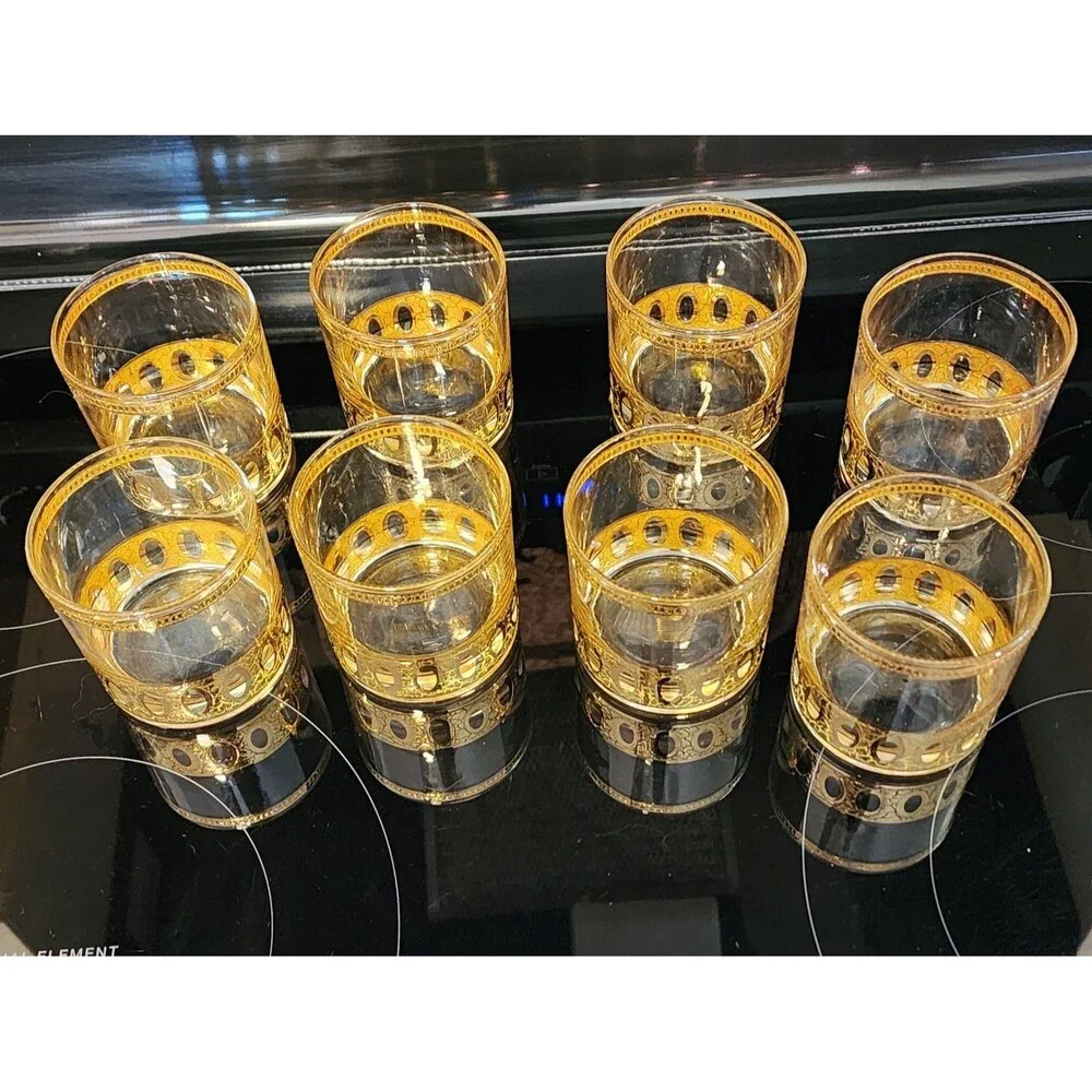 Vintage Set 8 Culver 1960s Low Ball Glasses 22K Gold Overlay Antigua